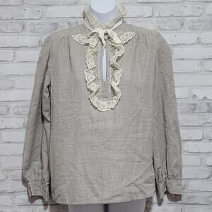 Vintage 70s Trissi Plaid Lace Collar Trim Blouse Tie Neck Bow